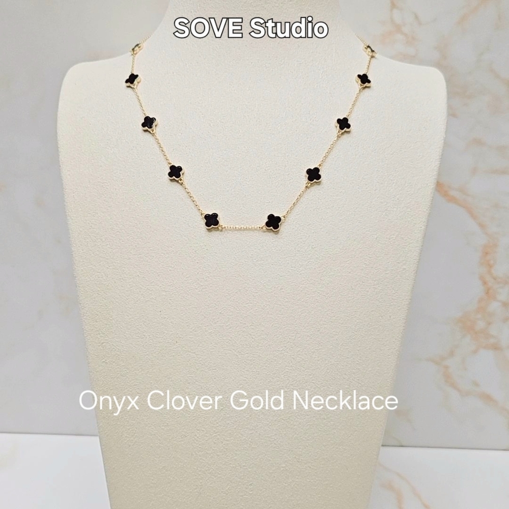 Ten Motif Clovers Black Onyx and Gold Necklace, 925 Silver, 18K Gold Plated
